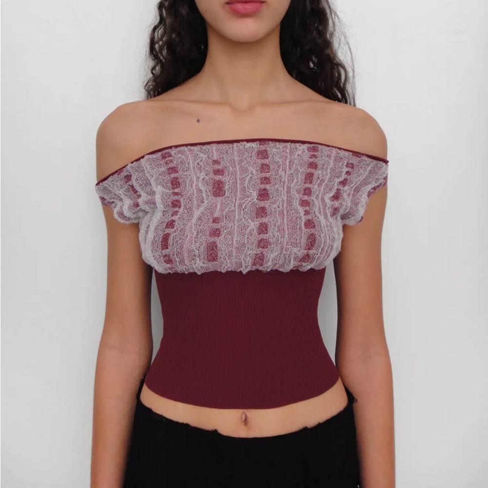 Gimaguas Burgundy and White Off-Shoulder Top